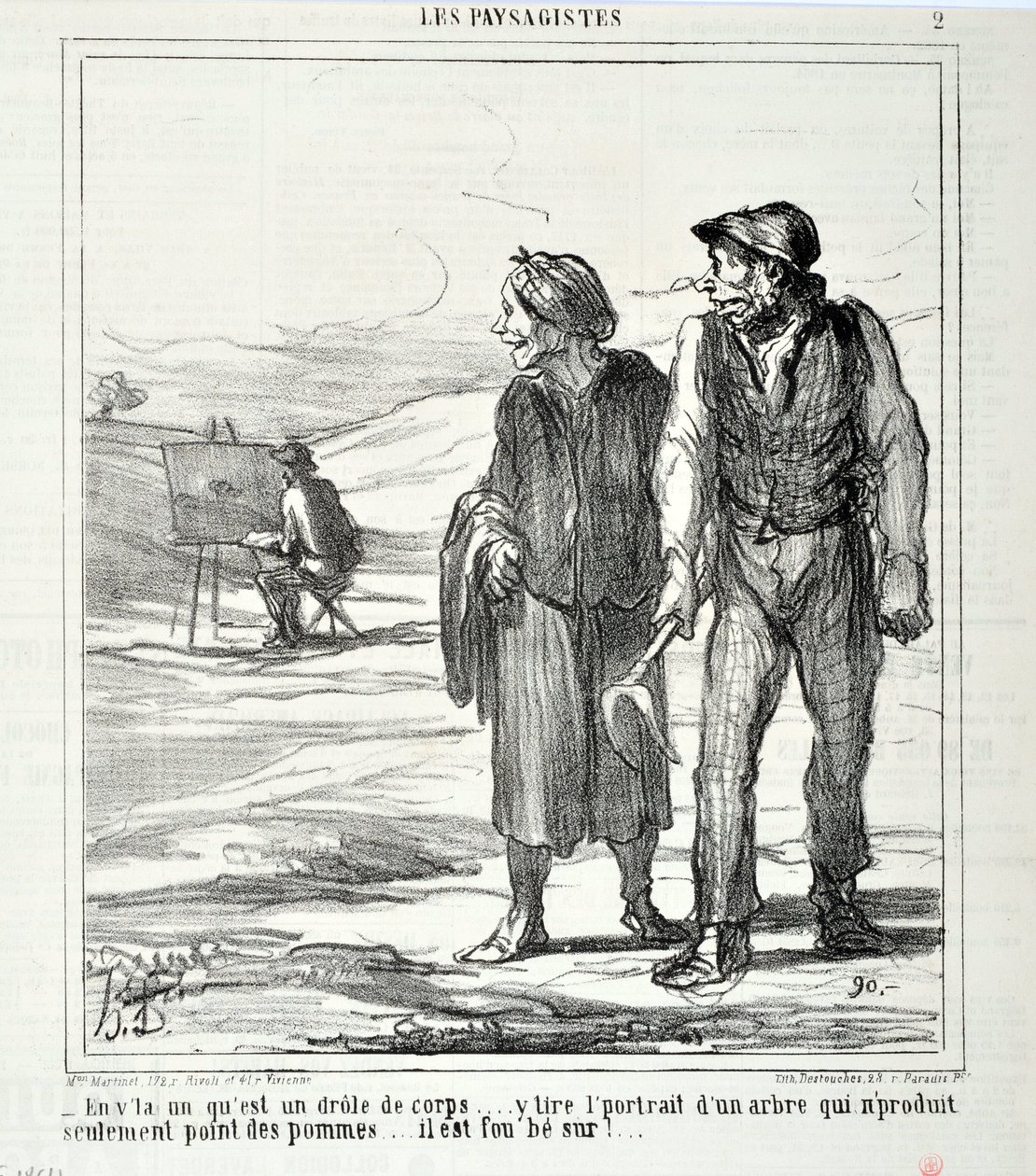 Honore Daumierin (1808-1879) taideteos. Charivari on vuodelta 1864: Serie LES LANDSAGISTS “” - Tässä, joka on hauska vartalo... piirtää muotokuvan puusta, joka ei tuota vain omenoita... hän on hulluna!...” KAUPUTAIDEMUSEO - PALACE LONGCHAMP, tekijältä Honoré Daumier