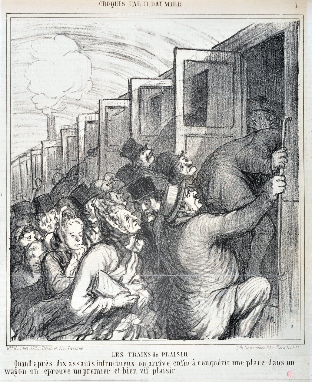 Honore Daumierin (1808-1879) taideteos. Charivari on vuodelta 1864: Serie Sketch Les trains de plaisir "" - Kun kymmenen epäonnistuneen hyökkäyksen jälkeen pääsemme vihdoin valloittamaan paikan vaunussa, koemme ensimmäisen ja erittäin elävän nautinnon""" M tekijältä Honoré Daumier