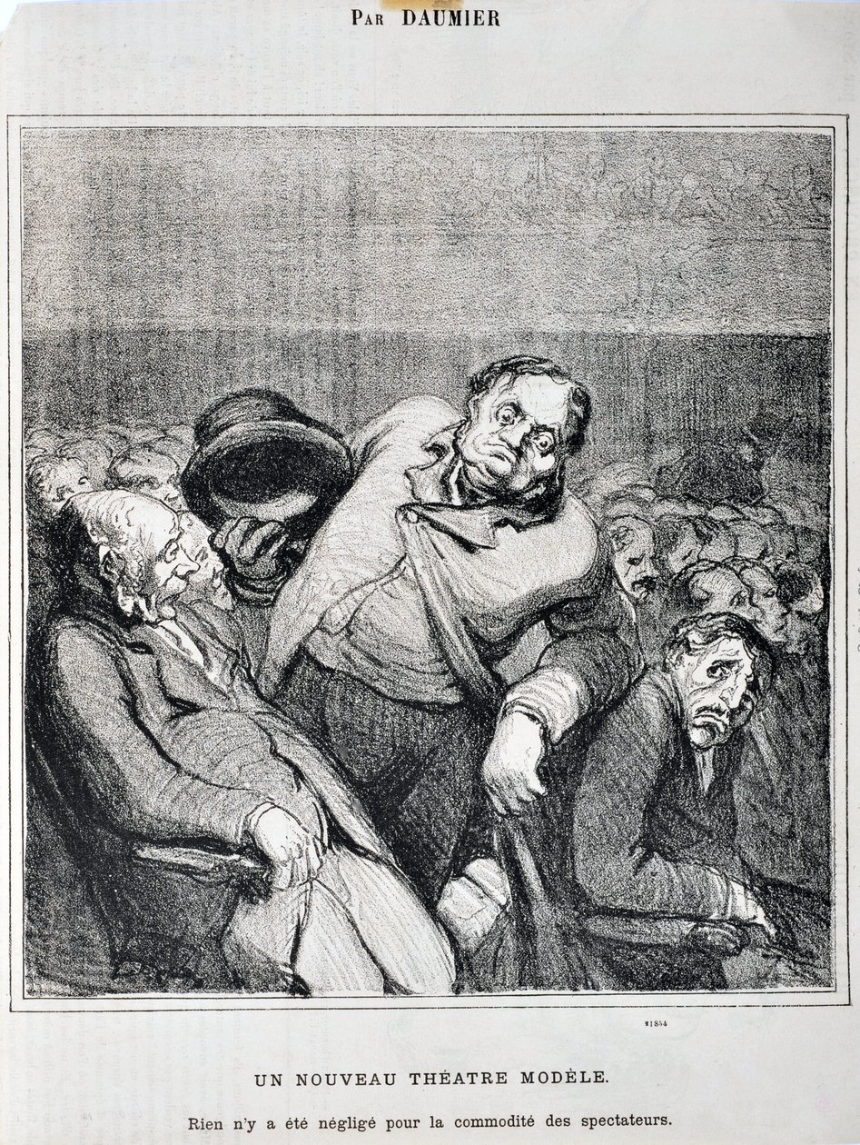Honore Daumierin (1808-1879) taideteos. Charivari on vuodelta 1864: Sarjaluonnokset teatterissa Uusi teatterimalli. "Mitään ei ole laiminlyöty katsojien mukavuuden vuoksi"" MUSEE DES BEAUX ARTS - PALAIS LONGCHAMP, MARSEILLE tekijältä Honoré Daumier