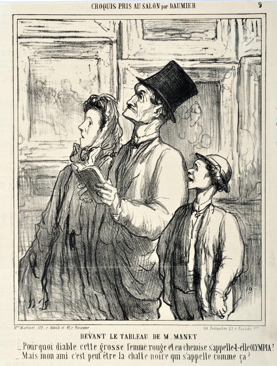 Honore Daumierin (1808-1879) taidetta Charivari on vuodelta 1865: Serie CRUQUIS PAUIT SALONGISSA Manetin maalauksen edessä "" -Miksi helvetissä tämä iso punainen nainen on paidassa nimeltä Olympia? - Mutta ystäväni voi olla se musta kissa, jota kutsutaan s tekijältä Honoré Daumier