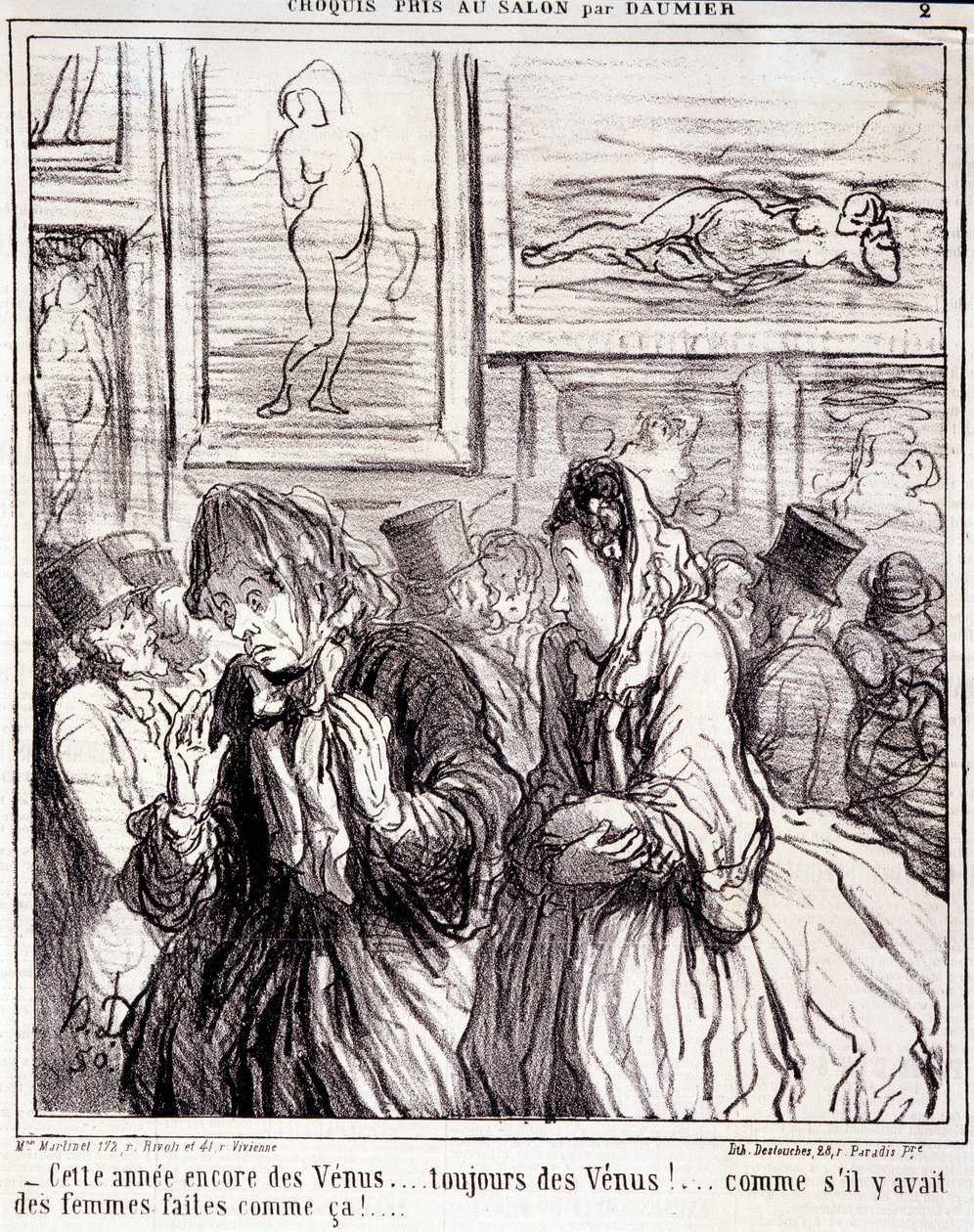 Honore Daumierin (1808-1879) taideteos. Charivari on vuodelta 1865: Sarjaluonnokset Salonissa - "" Tänä vuonna taas Venus... aina Venus!... ikäänkuin sellaisia naisia olisi tehty!" Ote sanomalehdestä "" Le Charivari"" Koko: 28x28cm. Lasku tekijältä Honoré Daumier