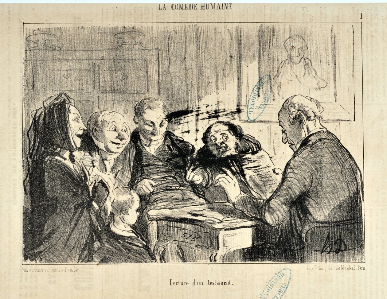 Honore Daumierin (1808-1879) taideteos. Teoksessa "" Le Charivari "" 20. joulukuuta 1853: Serie LA COMEDIE HUMAN "" Testamentin lukeminen "" "KUUTTAIDEMUSEO - PALAIS LONGCHAMP, MARSEILLE tekijältä Honoré Daumier