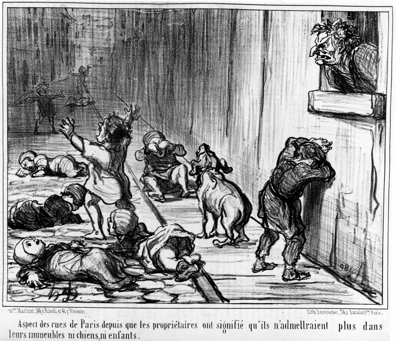 Pariisin katujen näkymä, koska omistajat ilmoittivat, että he eivät enää päästä rakennuksiinsa koiria eivätkä lapsia, otettu Honore Daumierin (1808-1879) sarjasta "Tenants et Proprietaires" (Vuokralaiset ja omistajat). "Charivari" tekijältä Honoré Daumier