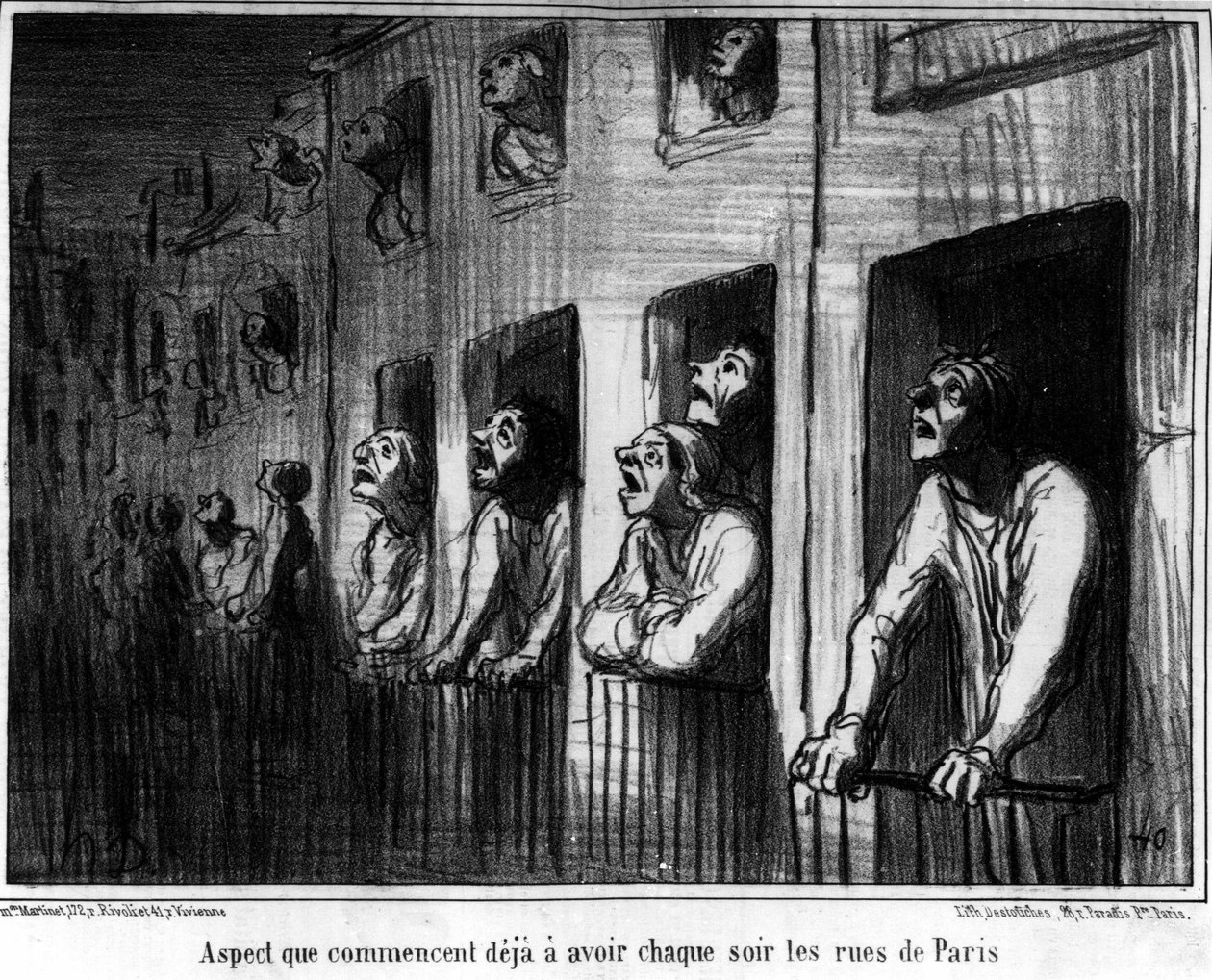 Aspekti, jota Pariisin kaduilla alkaa jo olla joka ilta, Honore Daumierin (1808-1879) karikatyyri vuoden 1857 komeetista. “Charivari” tekijältä Honoré Daumier
