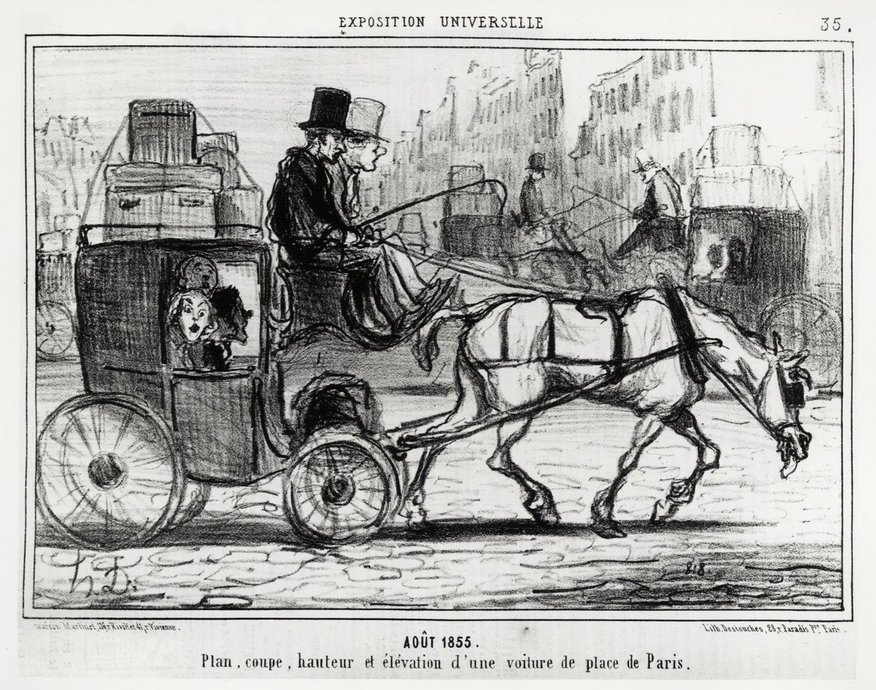 Elokuu 1855, yleinen näyttely: Pariisi-auton suunnitelma, leikkaus, korkeus ja korkeus. Honore Daumierin (1808-1879) kuvitus, julkaistu uutislehdessä "" Charivari", päivätty 4. syyskuuta tekijältä Honoré Daumier