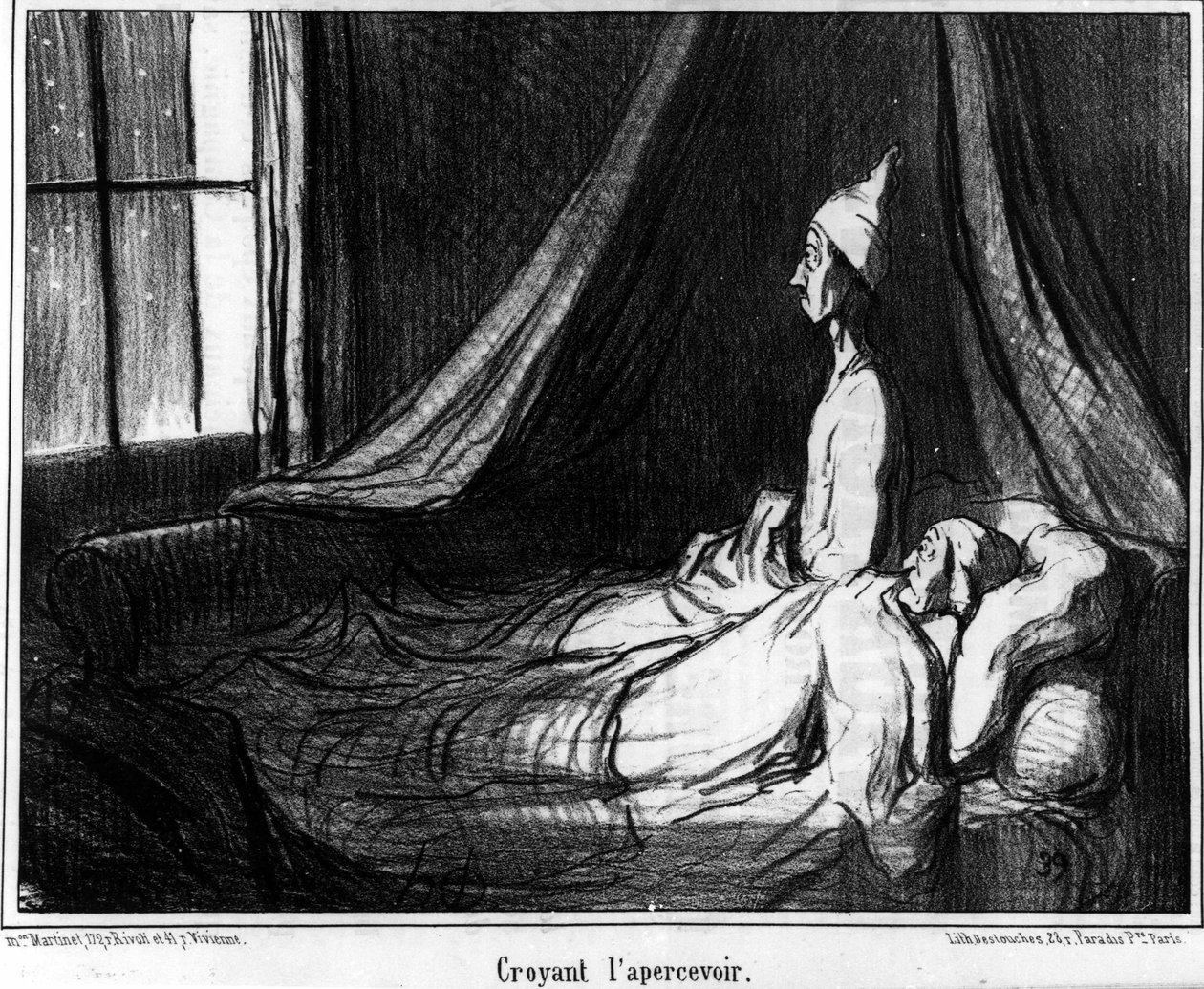 Uskoen näkeväni hänet, Honore Daumierin (1808-1879) karikatyyri. "Charivari" tekijältä Honoré Daumier