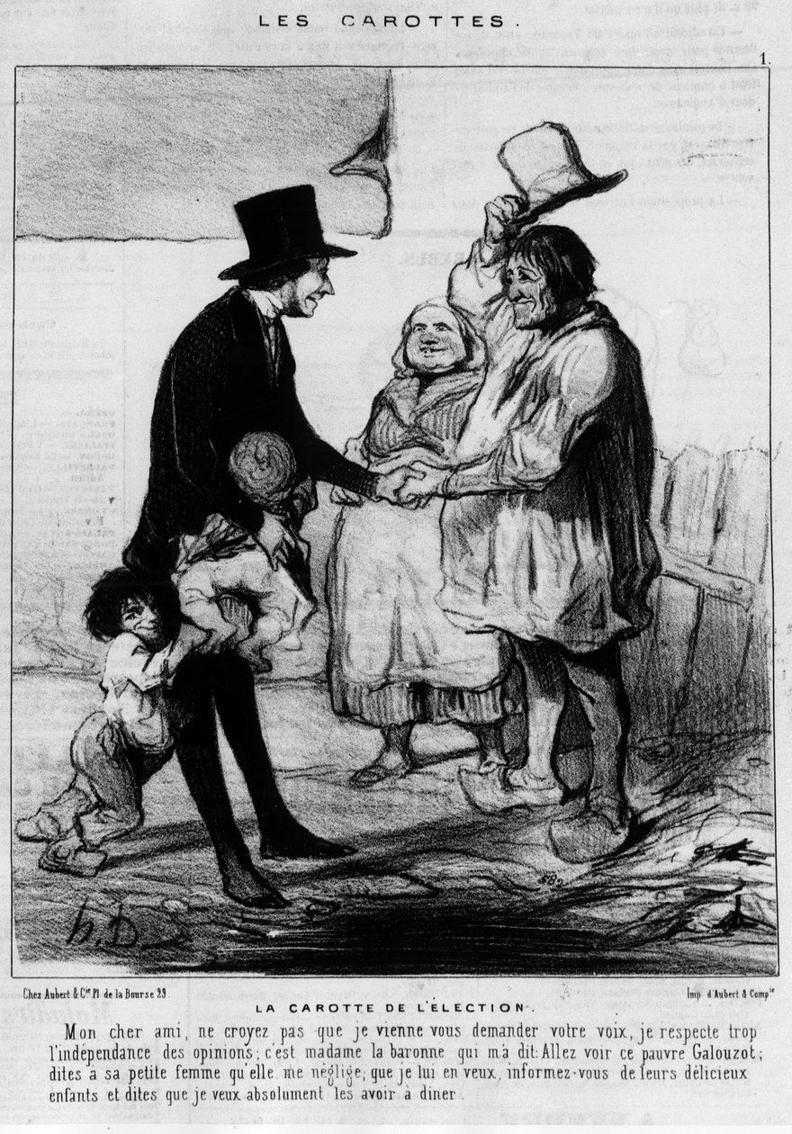 Ehdokas vaalivierailulle talonpoikaisperheessä: "" Vaalien porkkana"" - sarjakuva Daumier, "" Charivarissa" 21.3.1844 tekijältä Honoré Daumier