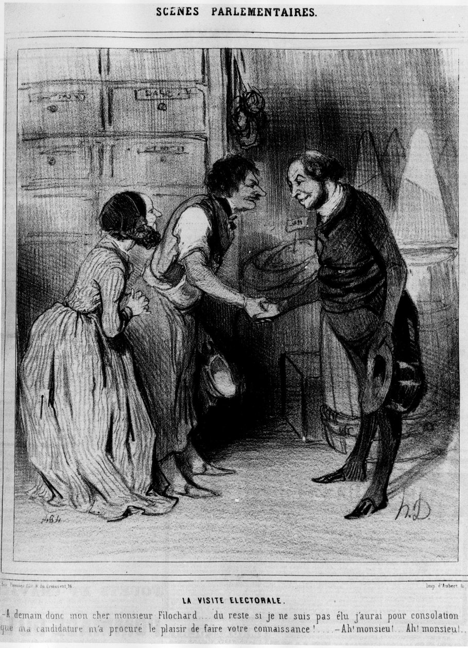 Ehdokas vaalivierailulle kauppiaille: "" Vaalivierailu"" - sarjakuva Daumier, "" Charivari"" 8.4.1844 tekijältä Honoré Daumier
