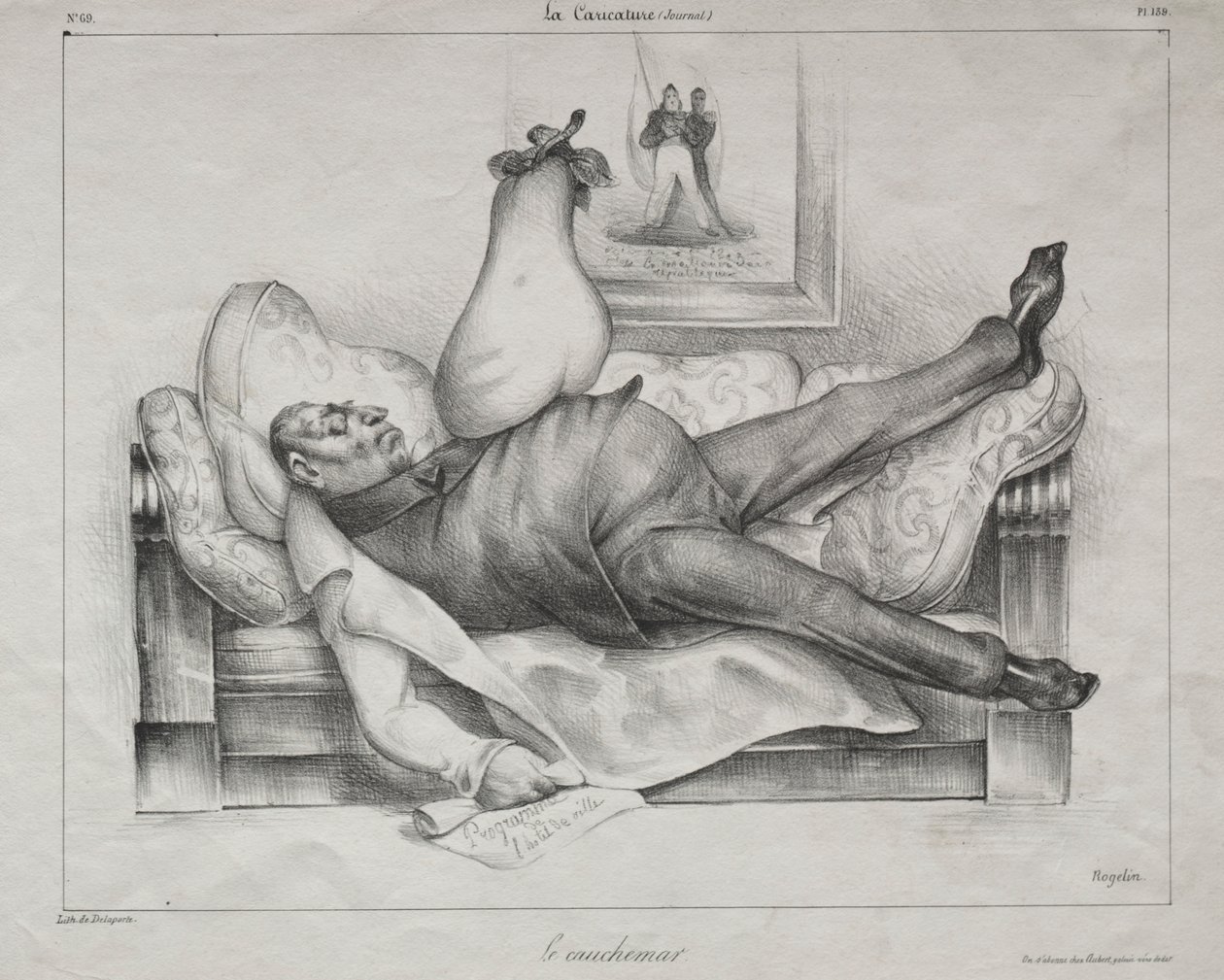 Karikatyyri, levy 139: Painajainen, 1832. tekijältä Honoré Daumier