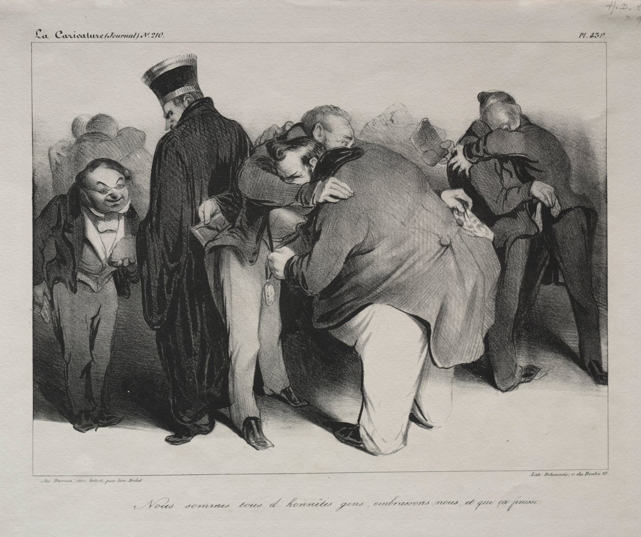 Karikatyyri, levy 439: Olemme kaikki rehellisiä miehiä, joten syleilkäämme ja olkaamme valmiit, 1834. tekijältä Honoré Daumier