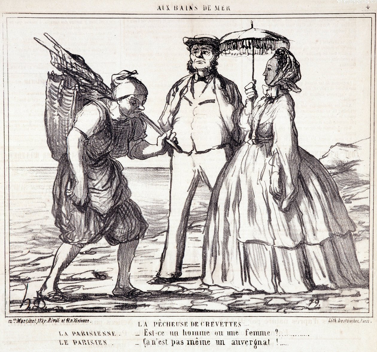 Sarjakuva pariisilaisista lomailijoista. Sarja "" Axe Bains de Mer"": "" Katkarapujen kalastus..." Kaiverrus Honore DAUMIER (1808-1879). Ote sanomalehdestä "" Le Charivari"" 5. syyskuuta tekijältä Honoré Daumier