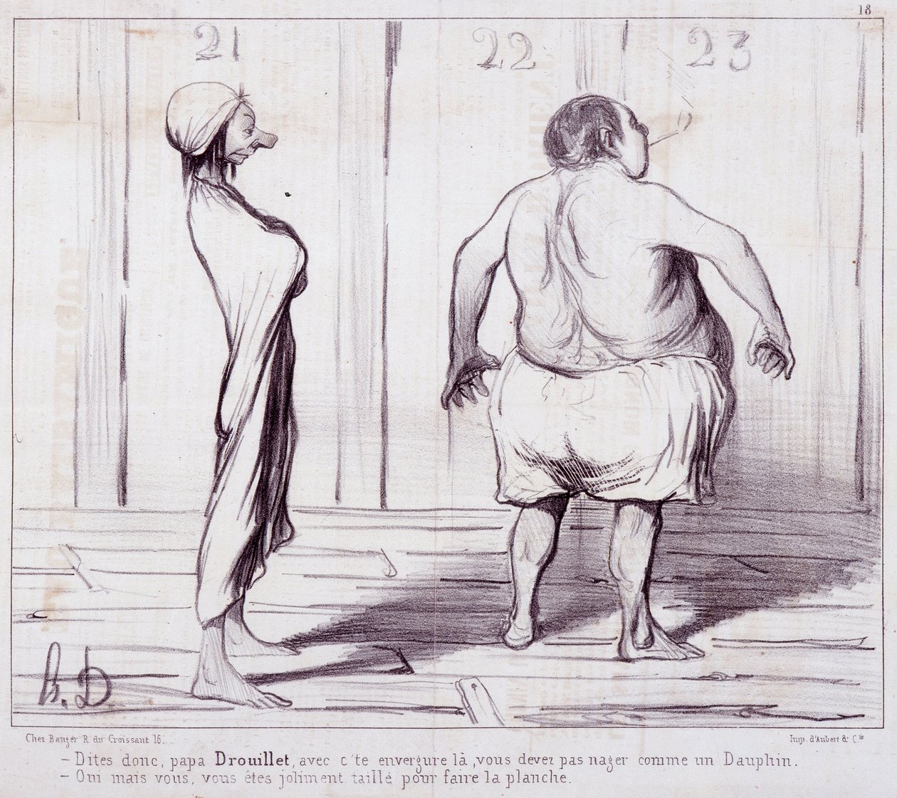Sarjakuva esiintymisestä. Sarja "" The Bathers"": Kerro isälle Drouillet..."" Kaiverrus Honore DAUMIER (1808-1879). Ote sanomalehdestä "" Le Charivari"". Koko 25 x 36 cm. box 12 Marseille, Musee des Beaux-Arts, Palais Longchamps, Collection Arts Graphi tekijältä Honoré Daumier