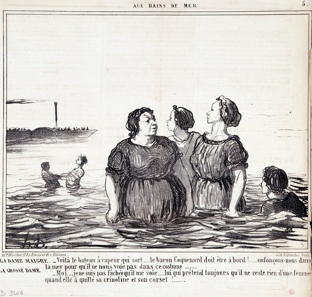 Sarjakuva ulkonäöstä ja muodista. Sarja "" Les Bains de Mer"": "" Laiha nainen (...), lihava nainen (...)" Kaiverrus Honore DAUMIER (1808-1879). Ote sanomalehdestä "" Le Charivari"" 16. syyskuuta tekijältä Honoré Daumier