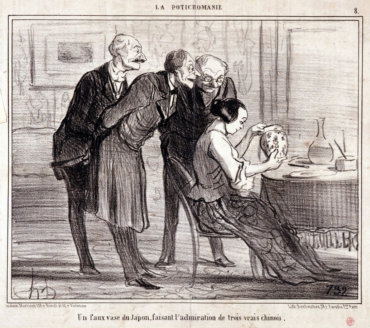 Sarjakuva taiteen keräilijöistä. Sarja "" Potichomania"": "" Väärennetty maljakko Japanista, joka ihailee kolmea kiinalaista." Kaiverrus Honore DAUMIER (1808-1879). Ote sanomalehdestä "" Le Charivari"" tekijältä Honoré Daumier