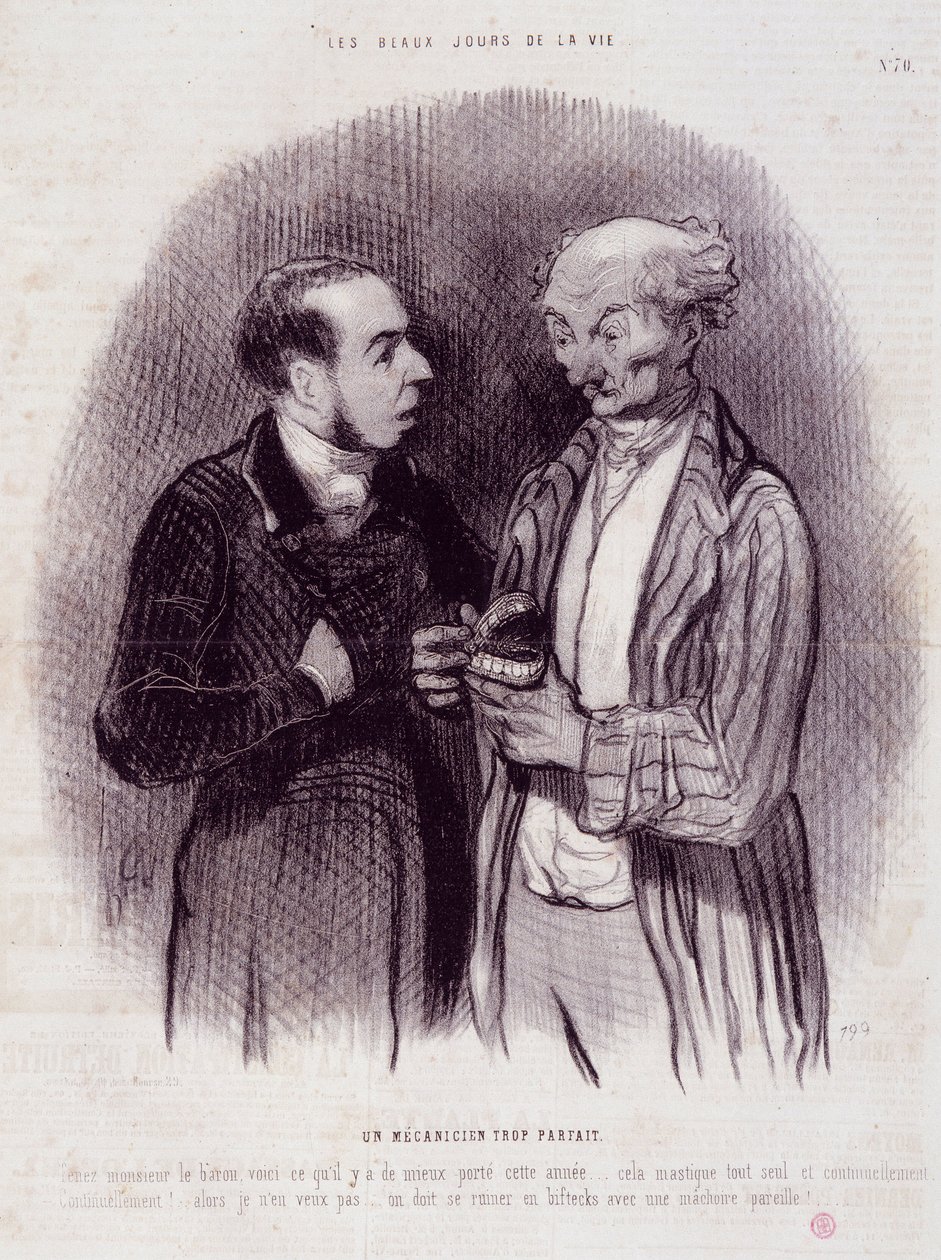 Sarjakuva hammaskirurgeista. Sarja "" Elämän kauniit päivät"": Liian täydellinen mekaanikko..."". Kaiverrus Honore DAUMIER (1808-1879). Ote sanomalehdestä "" Le Charivari"" 22. syyskuuta tekijältä Honoré Daumier