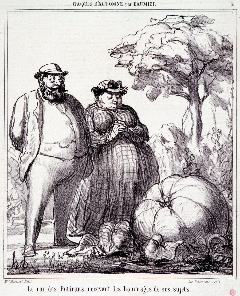Sarjakuva puutarhanhoidosta. Sarja "" Autumn Sketch"": "" Kurpitsan kuningas vastaanottaa kunnianosoituksia alamaisiltaan"". Kaiverrus Honore DAUMIER (1808-1879). Ote sanomalehdestä "" Le Charivari"" 23. syyskuuta tekijältä Honoré Daumier