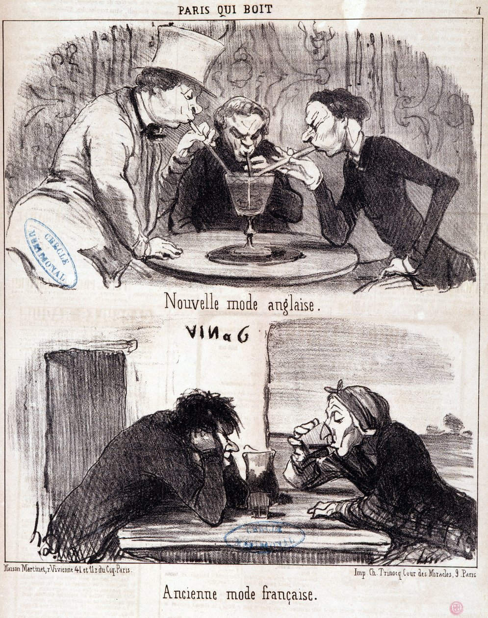 Sarjakuva gastronomisesta väärinkäytöstä. “Paris qui drinks” -sarja: uutta englantilaista muotia ja vanhaa ranskalaista muotia. Kaiverrus Honore DAUMIER (1808-1879). Ote sanomalehdestä "" Le Charivari"" 23. kesäkuuta 1852 Koko 37x26 cm Inv D 2312 - laatikk tekijältä Honoré Daumier