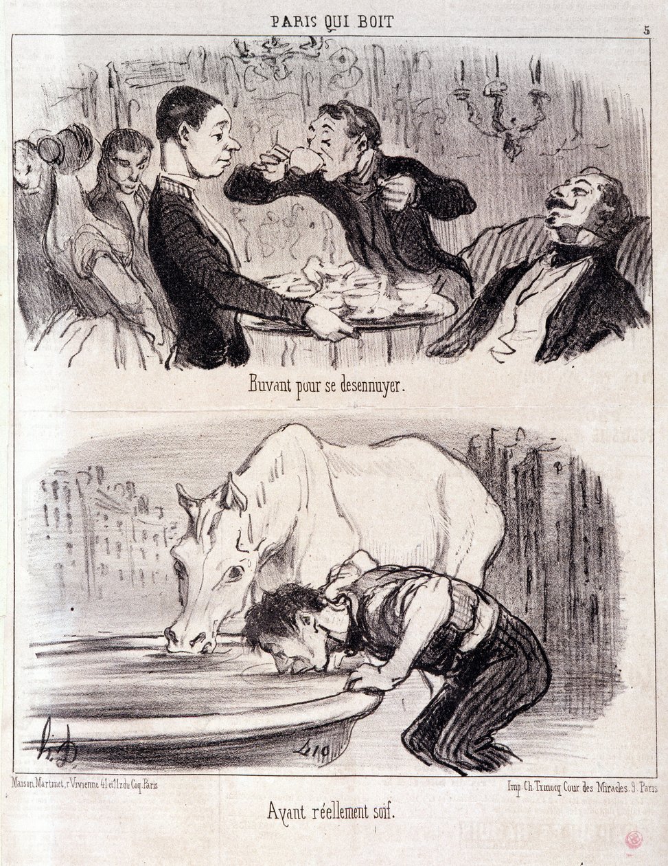 Sarjakuva gastronomisesta väärinkäytöstä. Serie Paris juominen: "" Juominen kyllästyäksesi. Todella janoinen." Kaiverrus Honore DAUMIER (1808-1879). Ote sanomalehdestä "" Le Charivari"" 16. kesäkuuta 1852 Koko 37x26 cm Inv D 2310 - laatikko 24 N¡5. Marseil tekijältä Honoré Daumier