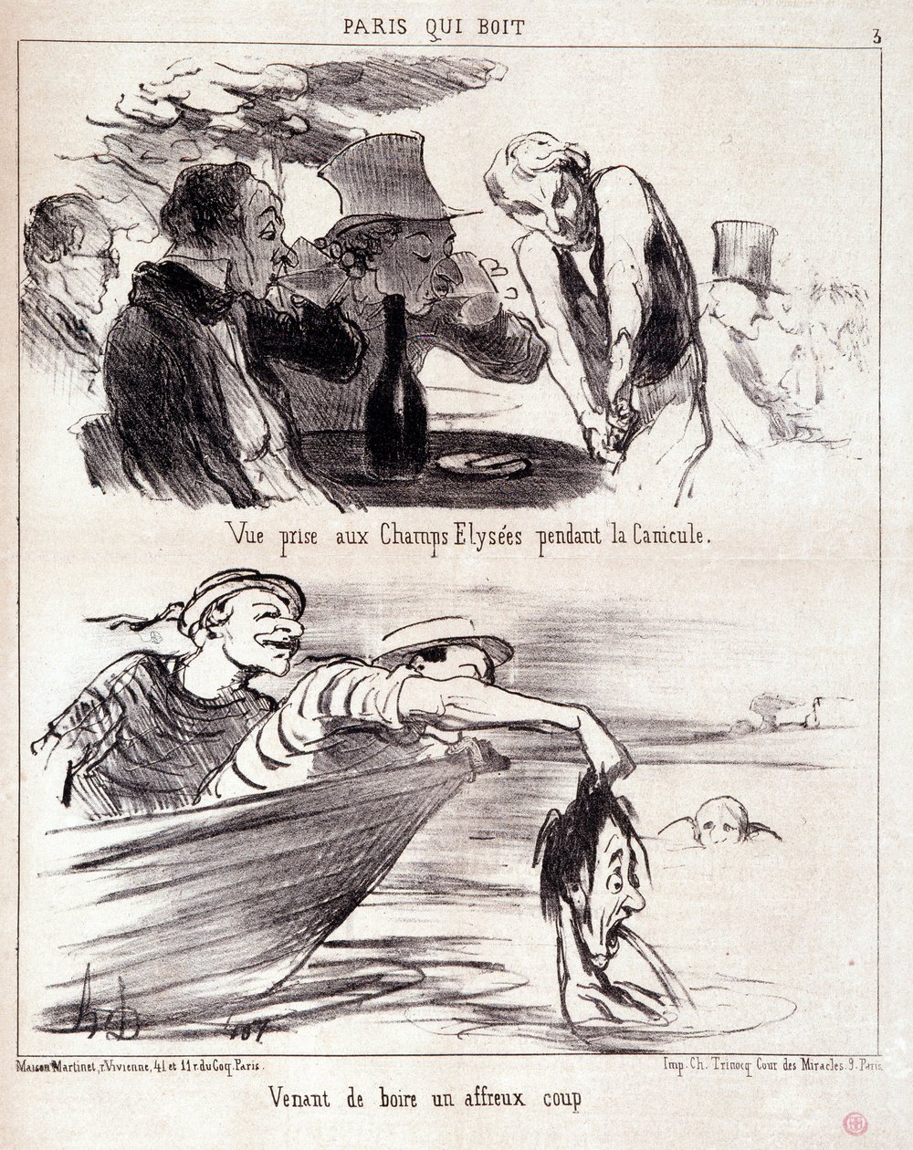 Sarjakuva gastronomisesta väärinkäytöstä. Serie "" Paris qui boire"": "" näkymä otettu Champs Elysees -kadulta helleaallon aikana. Join vain kauhean iskun." Kaiverrus Honore DAUMIER (1808-1879). Ote sanomalehdestä "" Le Charivari"" 5. kesäkuuta tekijältä Honoré Daumier