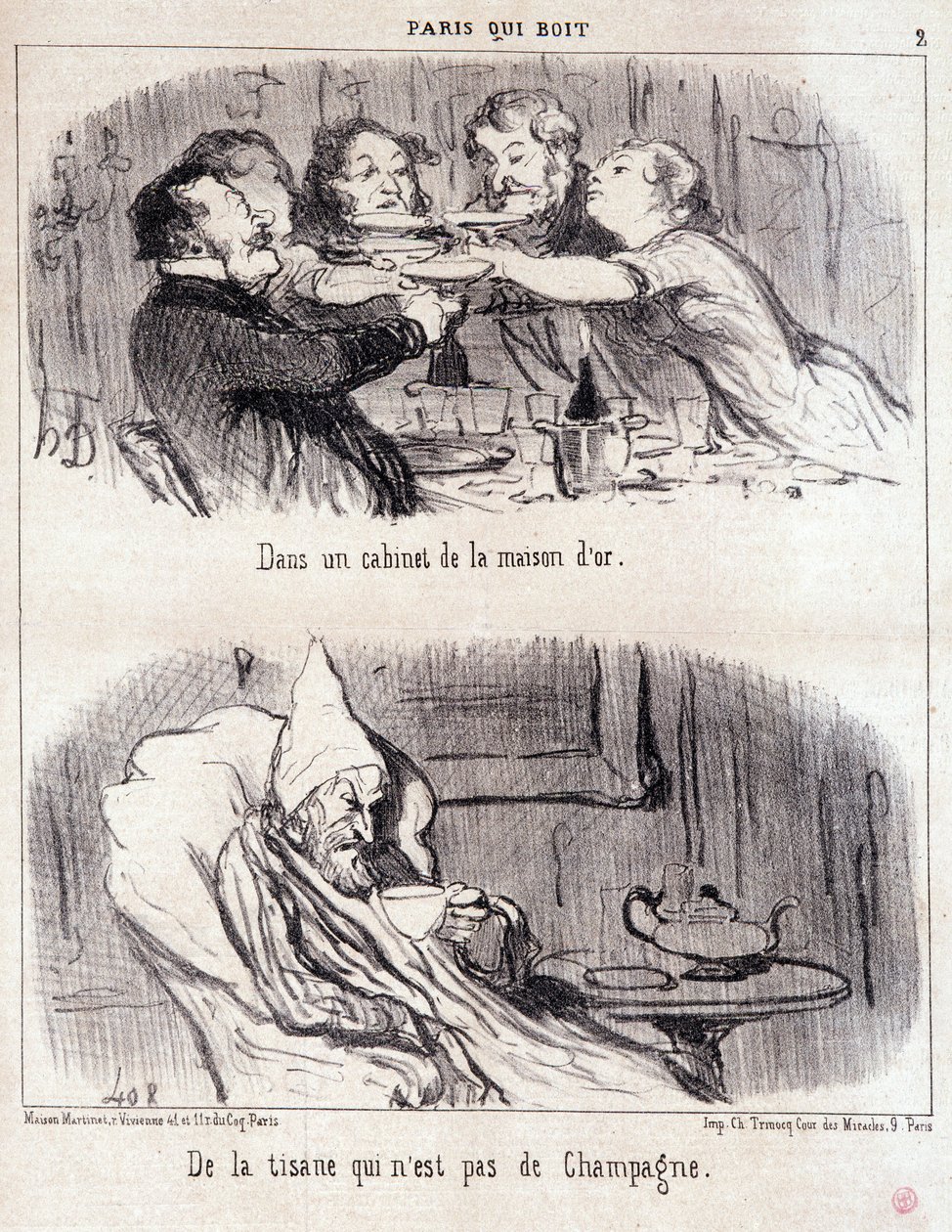 Sarjakuva gastronomisesta hyväksikäytöstä. Sarja "Paris qui drinks": "orin talon kaapissa. Yrttiteetä, joka ei ole samppanjaa." Honore DAUMIERin (1808-1879) kaiverrus. Ote Le Charivari -sanomalehdestä 4. kesäkuuta. tekijältä Honoré Daumier