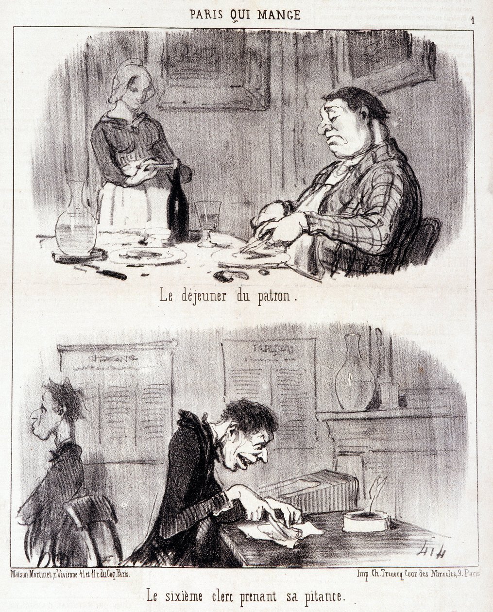 Sarjakuva gastronomisesta väärinkäytöstä. Sarja “” Paris qui mange””: Pomon aamiainen. Kuudes virkailija ottaa säälinsä. Kaiverrus Honore DAUMIER (1808-1879). Ote sanomalehdestä "" Le Charivari"" 26. kesäkuuta tekijältä Honoré Daumier