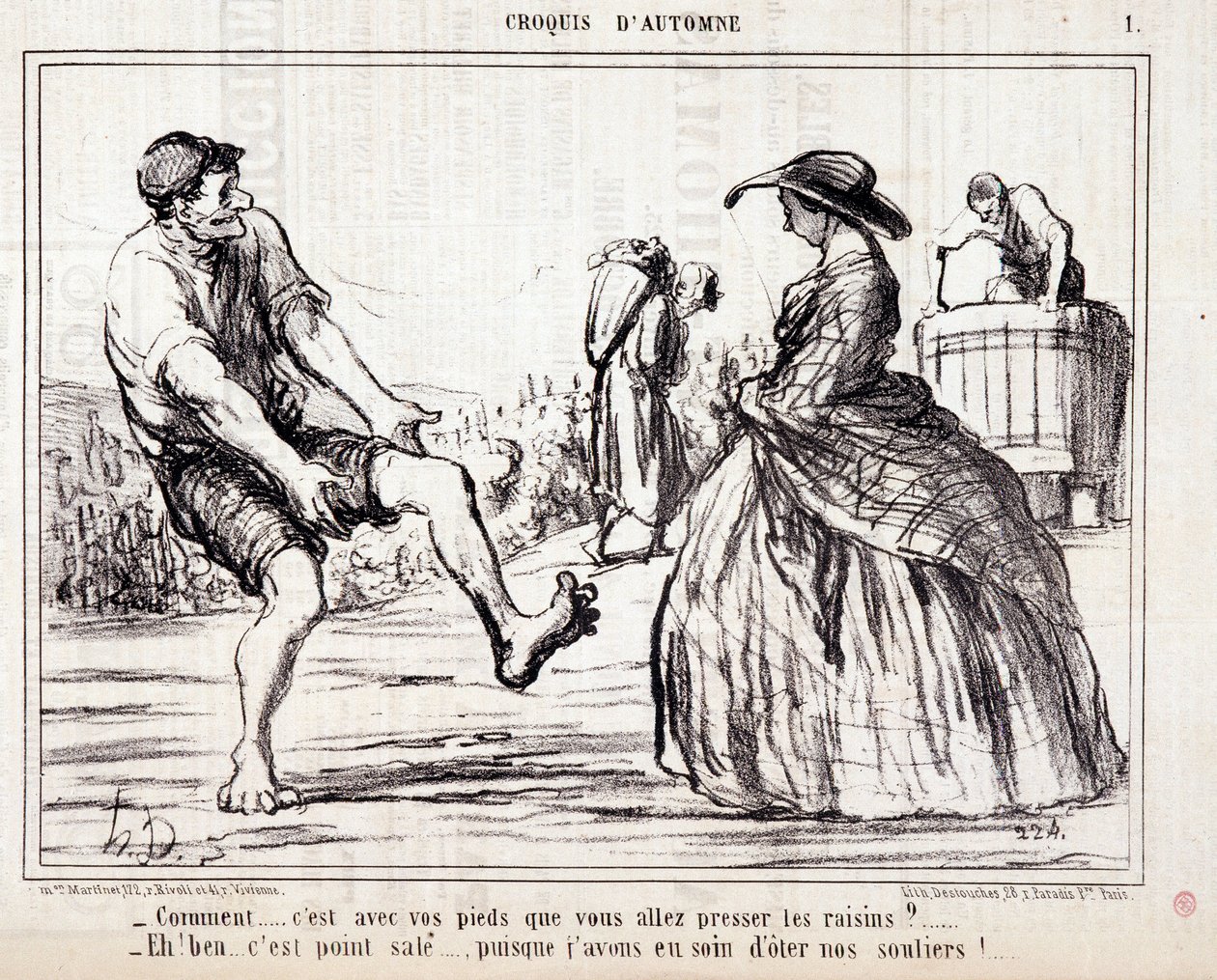Sarjakuva harvestereista, jotka tallaavat paljain jaloin rypäleitä. Sarja "" Autumn Sketch"": "" Kuinka... aiot puristaa rypäleitä jaloillaan? ...” Kaiverrus Honore DAUMIER (1808-1879). Ote sanomalehdestä "" Le Charivari"" tekijältä Honoré Daumier