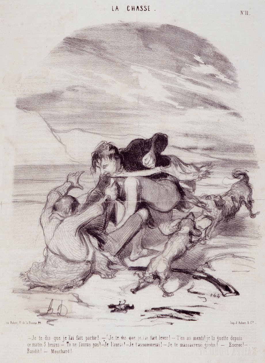 Sarjakuva metsästäjistä. Sarja "" Elämän kauniit päivät - Metsästys"": "" Sanon teille, että sain hänet lähtemään..." Kaiverrus Honore DAUMIER (1808-1879). Ote sanomalehdestä "" Le Charivari"" 10. tammikuuta tekijältä Honoré Daumier