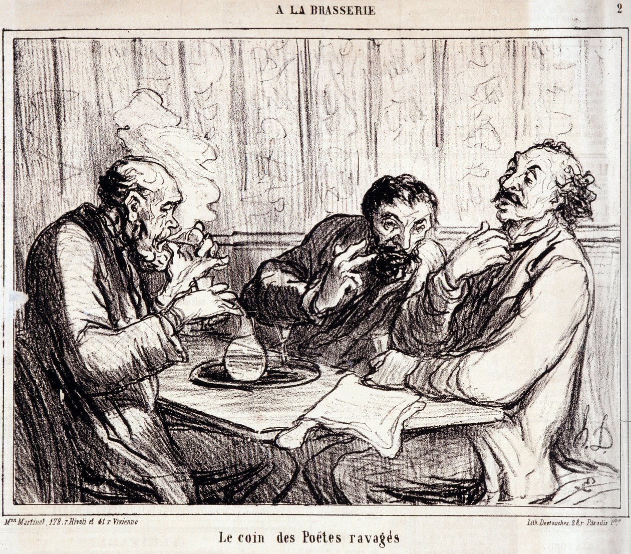 Sarjakuva runojen kirjoittajista. Sarja "" A la brasserie"": "" Raivottujen runoilijoiden nurkka""". Kaiverrus Honore DAUMIER (1808-1879). Ote sanomalehdestä "" Le Charivari"" 7. tammikuuta tekijältä Honoré Daumier