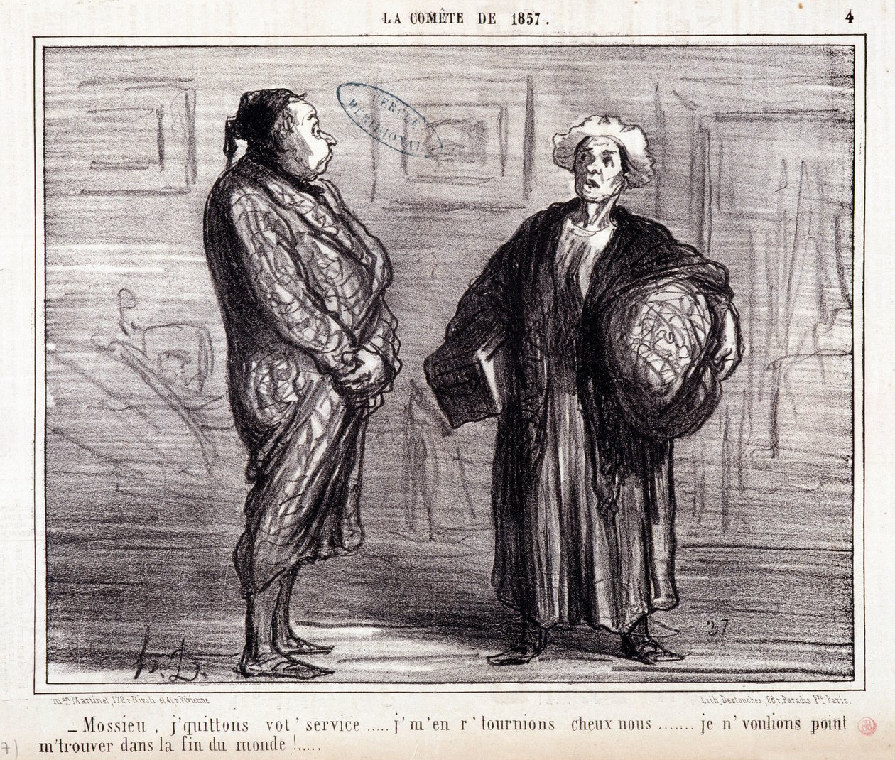 Sarjakuva tieteestä. Sarja "" Komeetalla 1857"": "" Mossieu, jätän palveluksesi..."" Kaiverrus Honore DAUMIER (1808-1879). Ote sanomalehdestä "" Le Charivari"" 13. maaliskuuta tekijältä Honoré Daumier