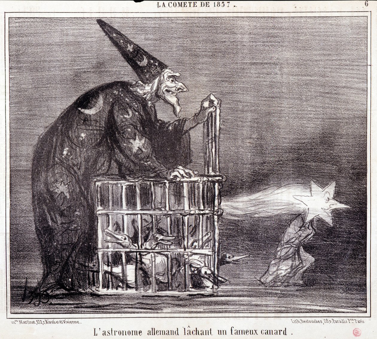 Sarjakuva tieteestä. Serie Sur "" vuoden 1857 komeetta"": "" Saksalainen tähtitieteilijä jättämässä kuuluisan ankan"". Kaiverrus Honore DAUMIER (1808-1879). Ote sanomalehdestä "" Le Charivari"" 2. maaliskuuta tekijältä Honoré Daumier