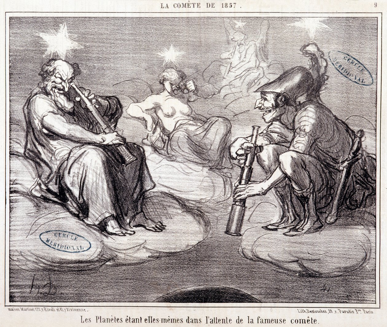 Sarjakuva tieteestä. Serie Sur "" vuoden 1857 komeetta"": "" Planeetat itse odottavat kuuluisaa komeetta""". Kaiverrus Honore DAUMIER (1808-1879), 25. maaliskuuta tekijältä Honoré Daumier