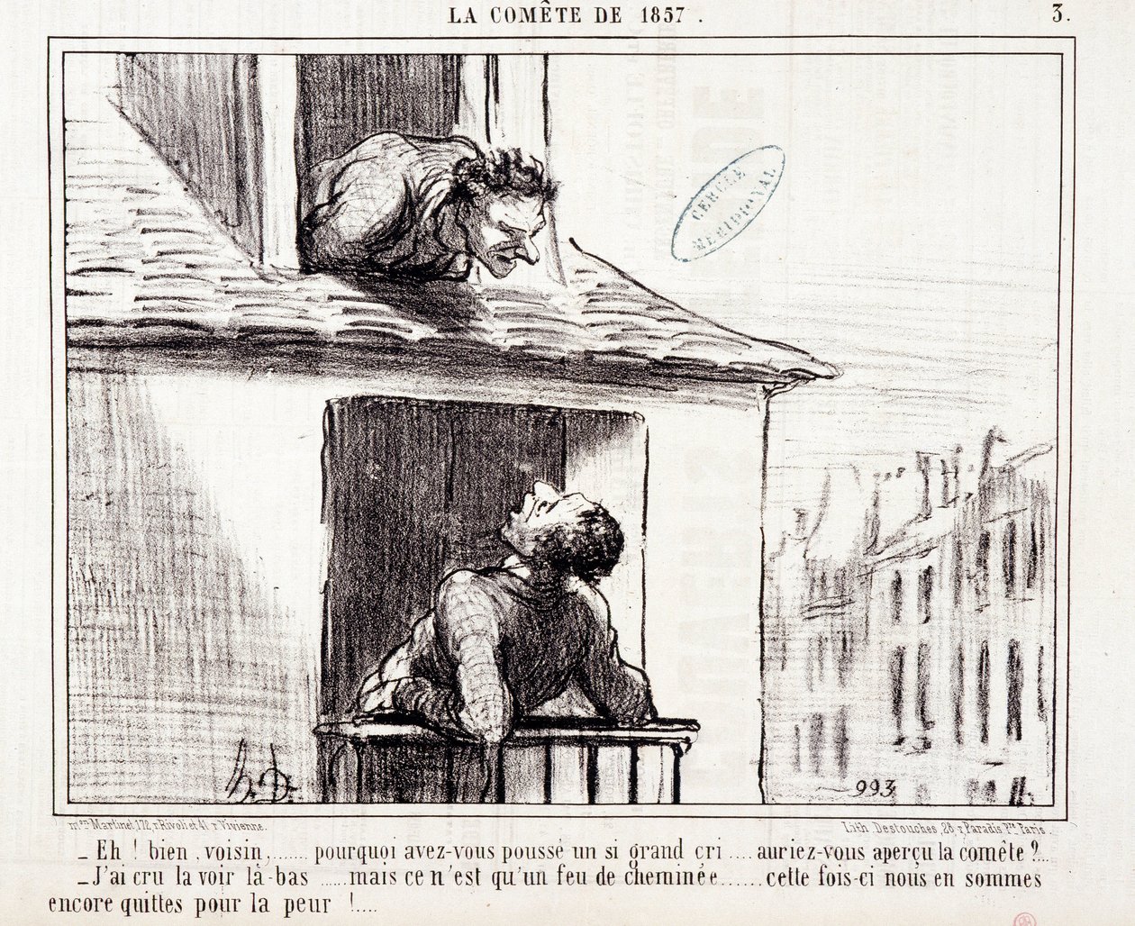 Sarjakuva tieteestä. Serie Sur "" vuoden 1857 komeetta"": "" No naapuri... miksi huusit niin paljon..." Kaiverrus Honore DAUMIER (1808-1879). Ote sanomalehdestä "" Le Charivari"" 11. maaliskuuta tekijältä Honoré Daumier