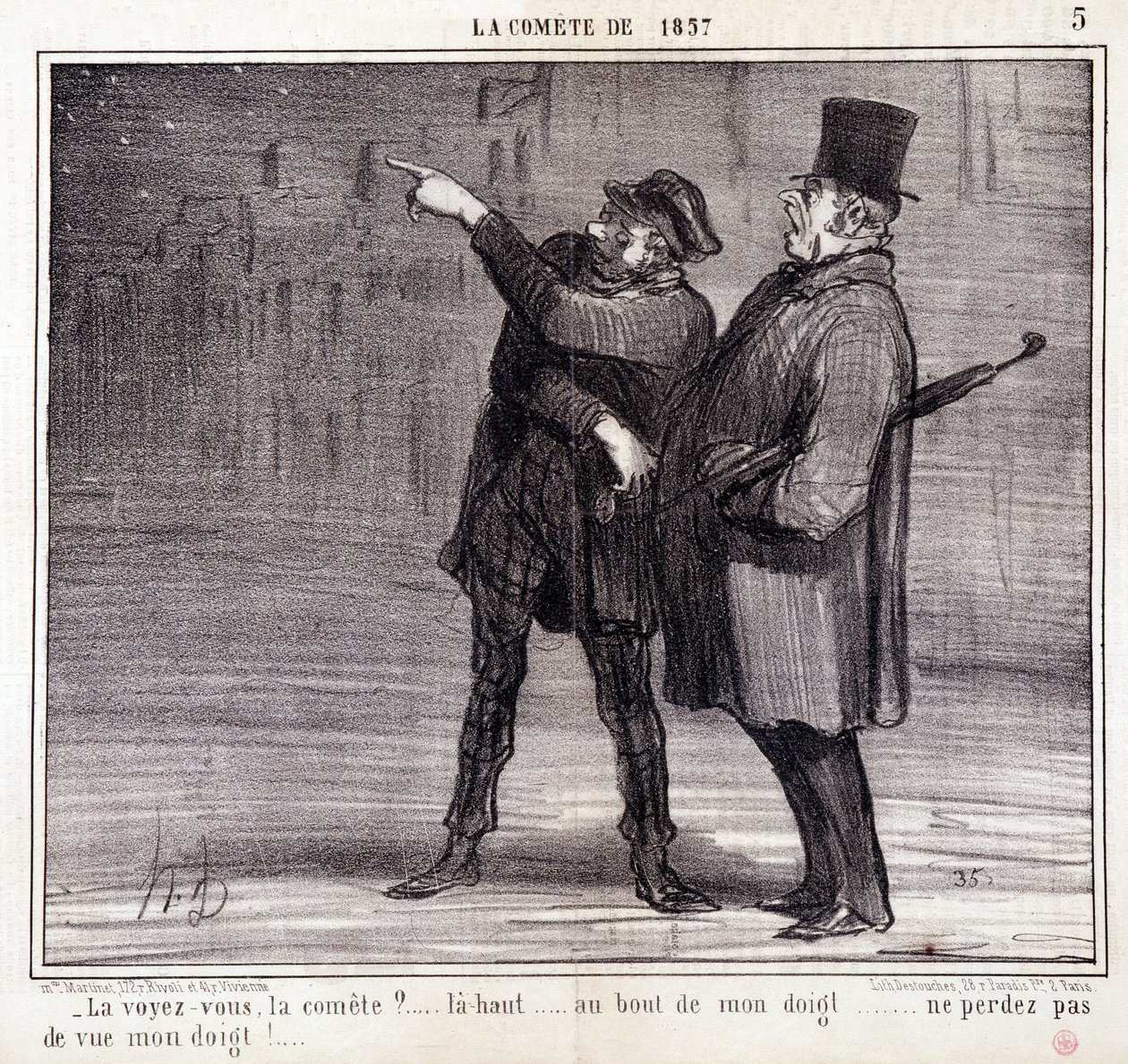 Sarjakuva tieteestä. Sarja "" vuoden 1857 komeetta": "" Näetkö komitean?..." Varas kääntää uhrinsa huomion pois. Kaiverrus Honore DAUMIER (1808-1879). Ote sanomalehdestä "" Le Charivari"" 19. maaliskuuta tekijältä Honoré Daumier