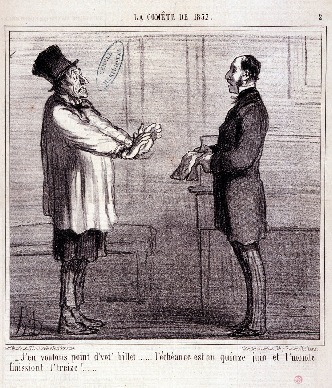 Sarjakuva tieteestä. Sarja aiheesta "" The Comete of 1857"": En halua lippua..." Kaiverrus Honore DAUMIER (1808-1879). Ote sanomalehdestä "" Le Charivari"" 4. maaliskuuta tekijältä Honoré Daumier