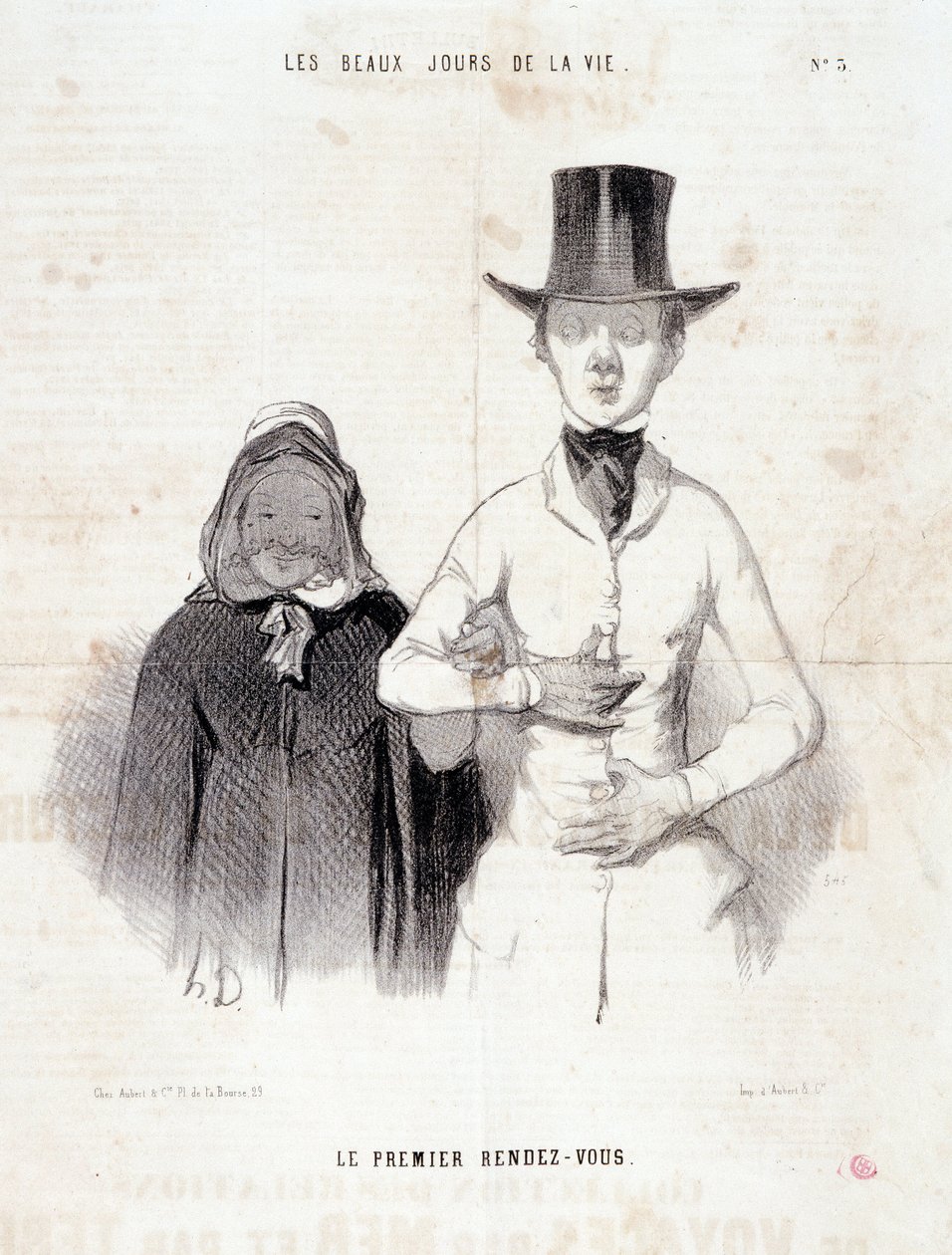 Sarjakuva parista: Sarja "" Elämän kauniit päivät"": "Ensimmäiset treffit"". Kaiverrus Honore DAUMIER (1808-1879). Ote sanomalehdestä "" Le Charivari", tammikuun 2.-3 tekijältä Honoré Daumier