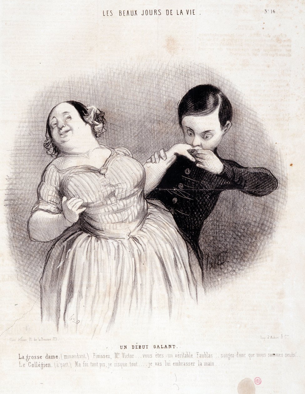 Sarjakuva pariskunnasta. Sarja "" Elämän kauniit päivät"": "" Upea alku..."" Kaiverrus Honore DAUMIER (1808-1879). Ote sanomalehdestä "" Le Charivari"" 10. heinäkuuta tekijältä Honoré Daumier