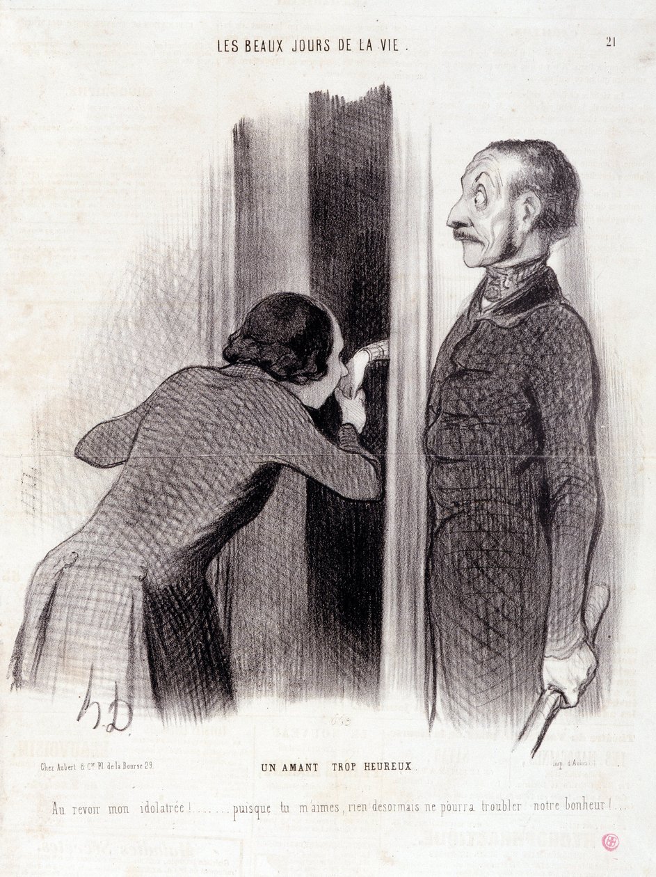 Sarjakuva pariskunnasta. Sarja "" Elämän kauniit päivät"": "" Liian onnellinen rakastaja..." Kaiverrus Honore DAUMIER (1808-1879). Ote sanomalehdestä "" Le Charivari"" 1. syyskuuta tekijältä Honoré Daumier