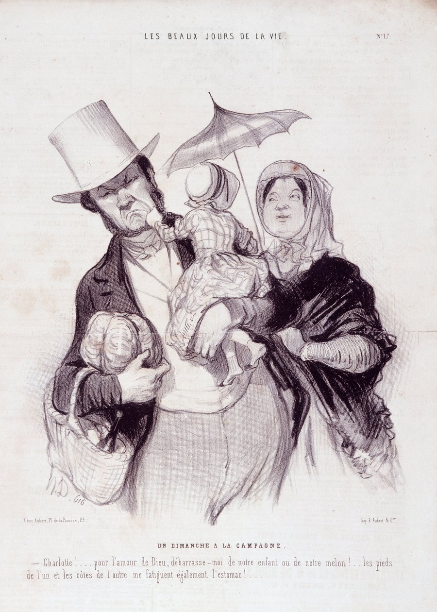 Sarjakuva perheestä. Sarja "" Elämän kauniit päivät"": Sunnuntai maaseudulla..." Kaiverrus Honore DAUMIER (1808-1879). Ote sanomalehdestä "" Le Charivari"" 21. heinäkuuta tekijältä Honoré Daumier