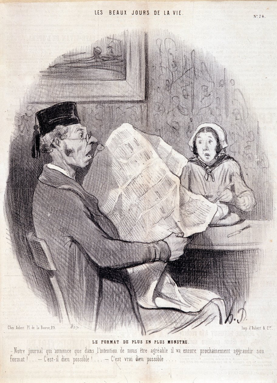 Sarjakuva lehdistöstä. Sarja "" Elämän kauniit päivät"": "" Yhä hirviömuoto..."". Kaiverrus Honore DAUMIER (1808-1879). Ote sanomalehdestä "" Le Charivari"" 18. lokakuuta tekijältä Honoré Daumier