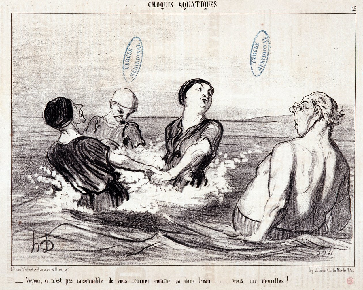 Sarjakuva turisteista lomalla merellä. Sarja "" Les Bains de Mer"": "" Vesipiirros. Katsotaanpa, että ei ole järkevää sekoittaa sinua tuolla tavalla vedessä... kastelet minut!” Kaiverrus Honore DAUMIER (1808-1879). Ote sanomalehdestä "" Le Chariv tekijältä Honoré Daumier