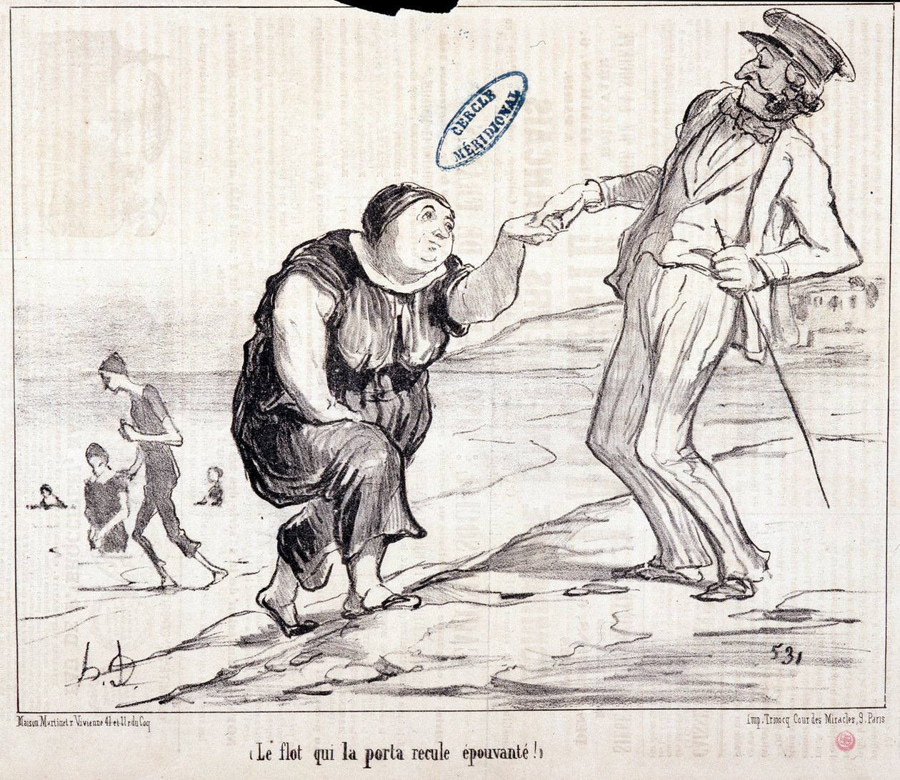 Sarjakuva turisteista lomalla. Sarja "" Axe Bains de Mer: "" Tulva, joka kantoi sen takaisin pelottavana! Kaiverrus Honore DAUMIER (1808-1879). Ote sanomalehdestä "" Le Charivari"" tekijältä Honoré Daumier