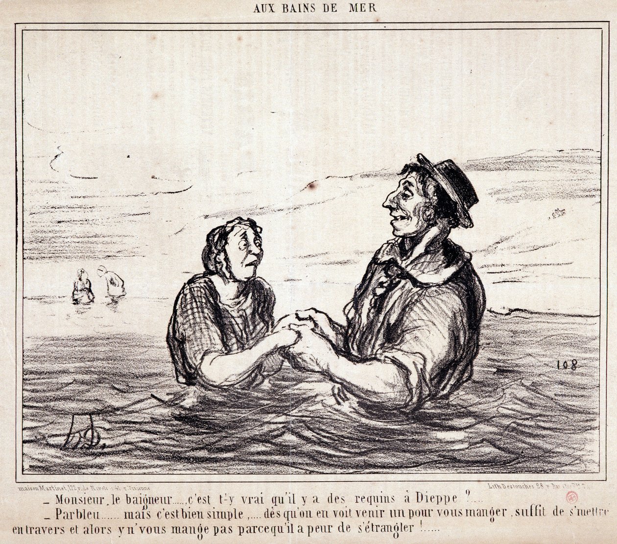 Sarjakuva turisteista lomalla. Serie "" aux Bains de Mer"": "" Monsieur le bathneur... onko totta, että Dieppessä on haita?..." Kaiverrus Honore DAUMIER (1808-1879). Ote sanomalehdestä "" Le Charivari"" 8. kesäkuuta tekijältä Honoré Daumier