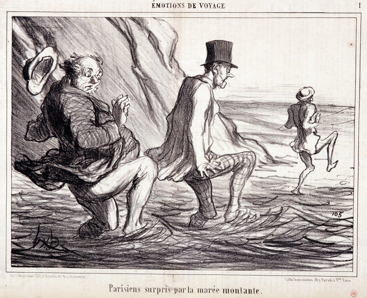 Sarjakuva turisteista lomalla. Sarja "" Axe Bains de Mer: "" Matkustustunteet. Nousevan tamman kiinni pariisilainen”. Kaiverrus Honore DAUMIER (1808-1879). Ote sanomalehdestä "" Le Charivari"" 8. lokakuuta tekijältä Honoré Daumier