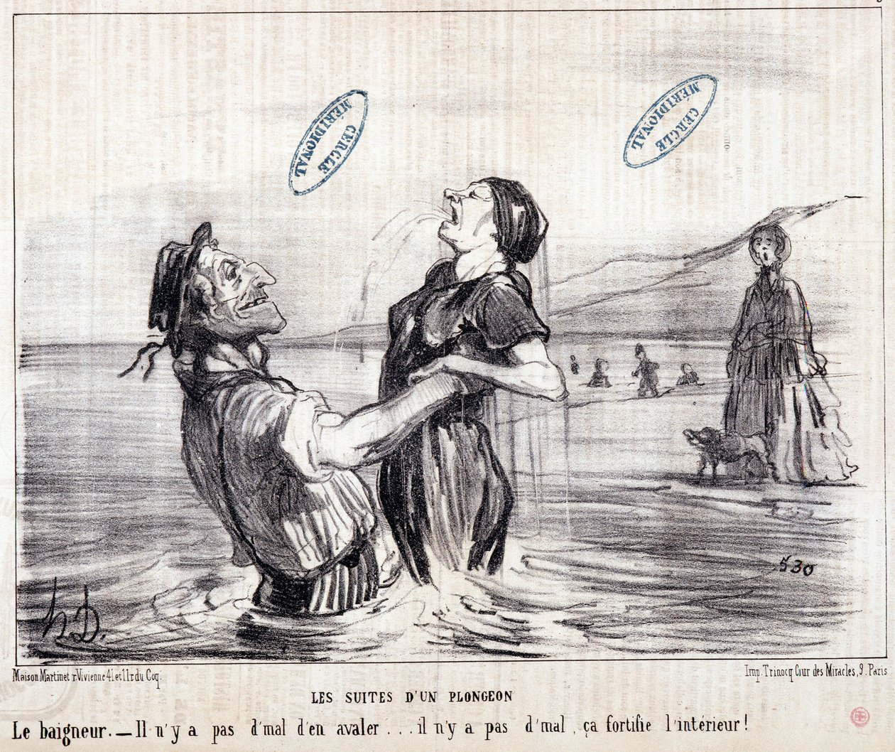 Sarjakuva turisteista lomalla. Sarja "" Les Bains de Mer"": "" Vesipiirros. Sukelluksen jaksot". Kaiverrus Honore DAUMIER (1808-1879). Ote sanomalehdestä "" Le Charivari"" vuodelta 1853. Koko: 24x28cm. Lasku 2453 - laatikko 12 N¡1. Marseille, M tekijältä Honoré Daumier