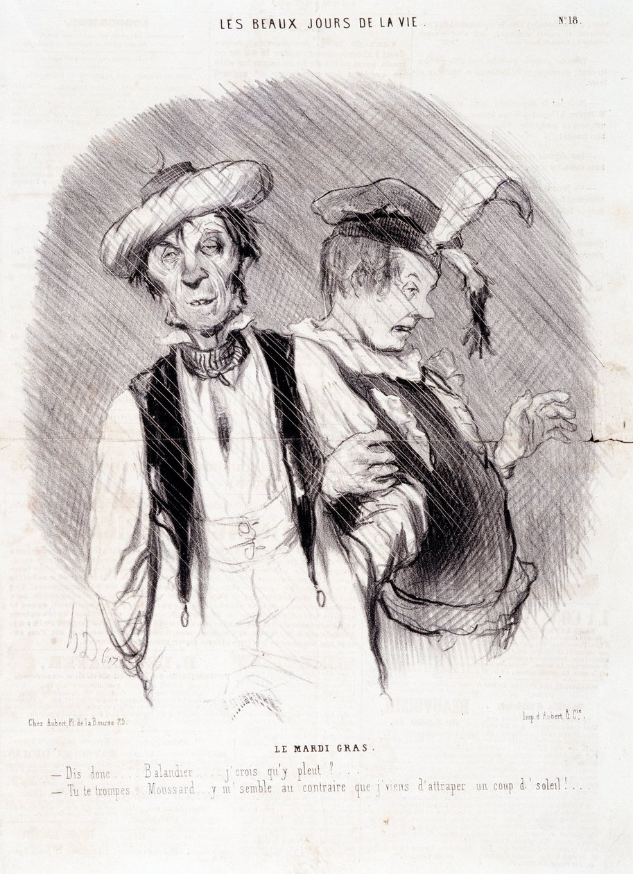 Sarjakuva kahdesta alkoholistista: Sarja "" Les Beaux Days de la Vie"": "" Le Mardi Gras..."". Kaiverrus Honore DAUMIER (1808-1879). Ote sanomalehdestä "" Le Charivari"" 9. elokuuta tekijältä Honoré Daumier