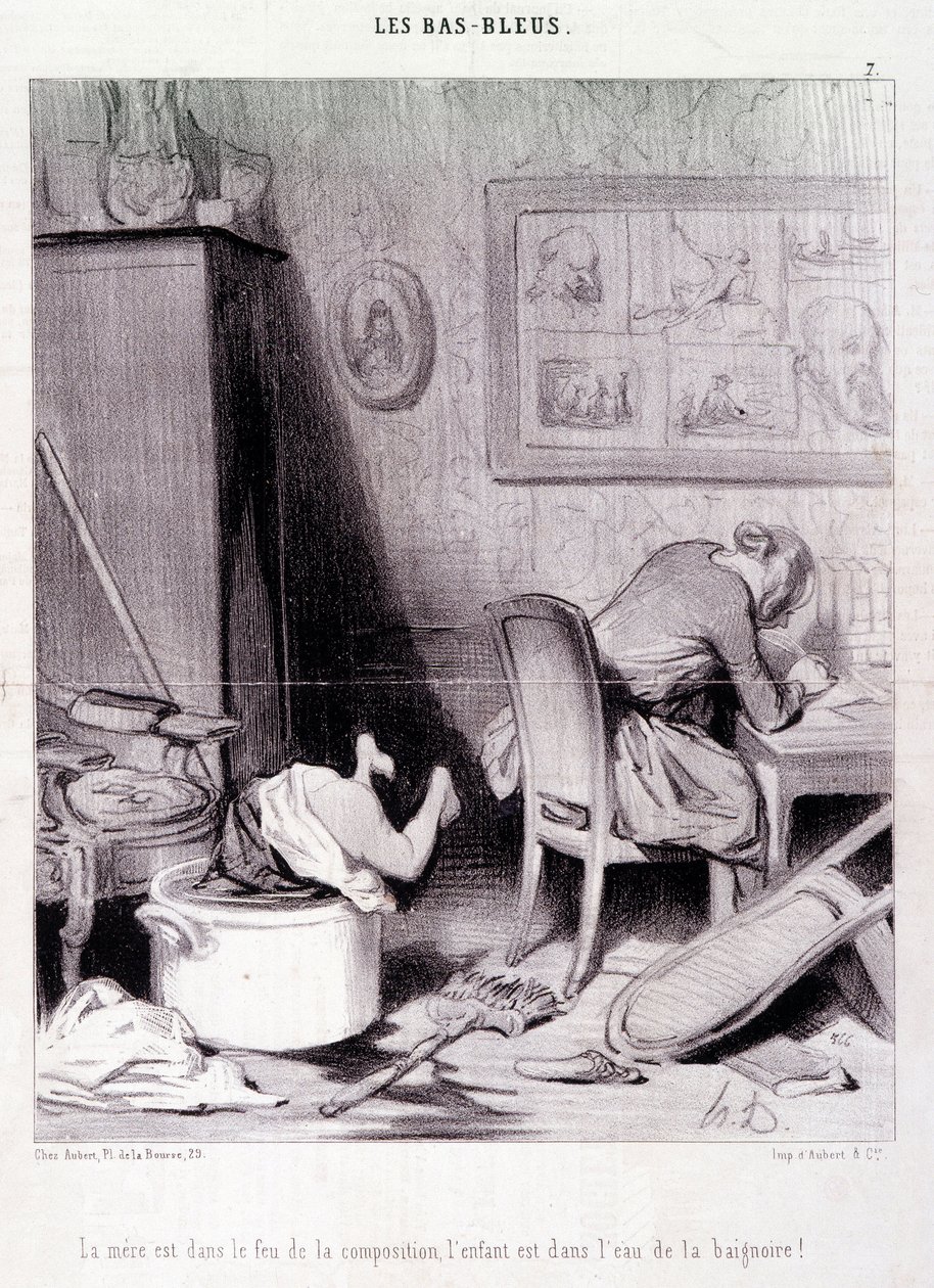 Sarjakuva naiskirjailijoista. Sarja “” Bas Bleus””: “” Äiti on sävellyksen tulessa, lapsi kylvyn vedessä! Kaiverrus Honore DAUMIER (1808-1879). Ote sanomalehdestä "" Le Charivari"" 20. helmikuuta tekijältä Honoré Daumier