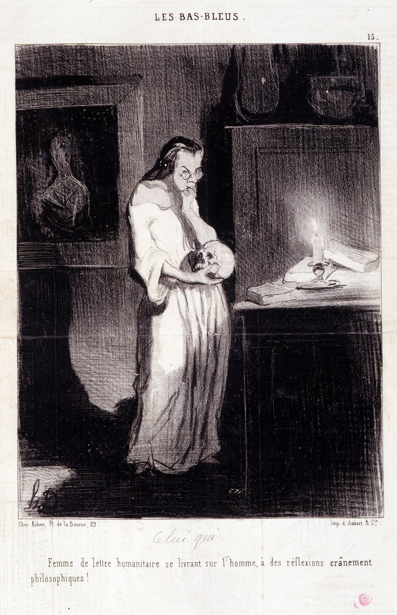 Sarjakuva naiskirjailijoista. Sarja "" Les Bas Bleus"": "" Nainen humanitaarisesta kirjeestä hemmoteltuaan miehelle, jolla on myrskyisät filosofiset pohdiskelut! Kaiverrus Honore DAUMIER (1808-1879). Ote sanomalehdestä "" Le Charivari"" 10. maaliskuuta tekijältä Honoré Daumier