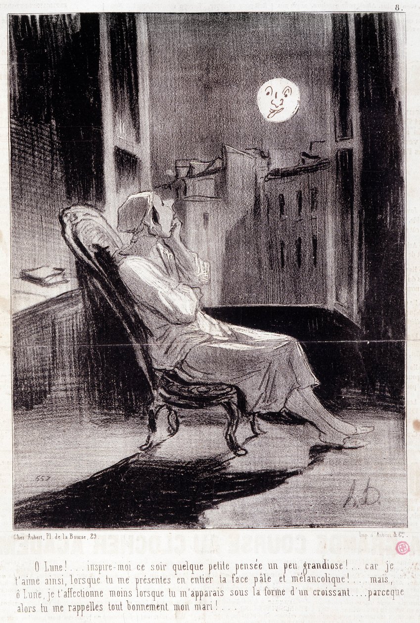 Sarjakuva naiskirjailijoista. Sarja "" Bas Bleus"": "" O! Kuu inspiroi minua tänä iltana...”” Kaiverrus Honore DAUMIER (1808-1879). Ote sanomalehdestä "" Le Charivari"" 28. helmikuuta tekijältä Honoré Daumier