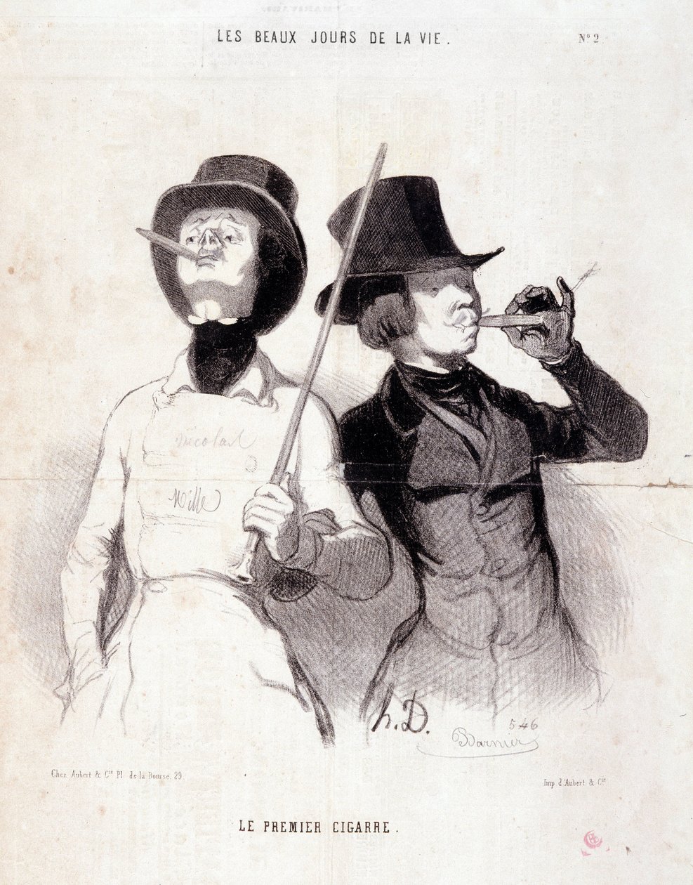 Sarjakuva nuorista Dandysista. Sarja "" Elämän kauniit päivät"": "" Ensimmäinen sikari"". Kaiverrus Honore DAUMIER (1808-1879). Ote sanomalehdestä ”” Le Charivari”” 31. joulukuuta 1843 Koko 37 x 25 cm Inv 1089 - laatikko 8 N¡2. Marseille, Musee des Beaux tekijältä Honoré Daumier