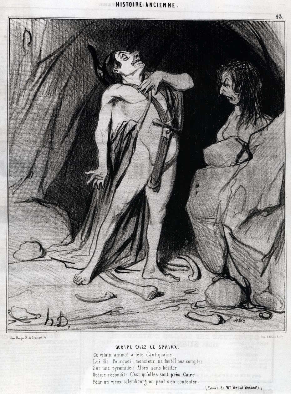 Honore Daumierin sarjakuva Oidipuksesta ja sfinksistä, Charivarissa, 12. joulukuuta tekijältä Honoré Daumier